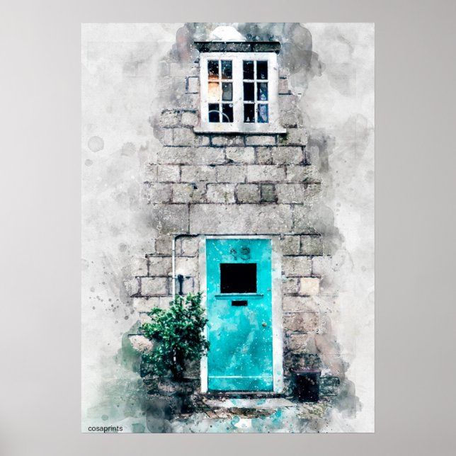 Modern art blue door watercolor painting on poster (Front)