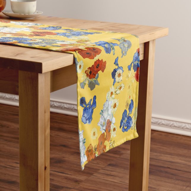 Modern Art Blue Red Flowers Mustard Yellow Short Table Runner (In Situ)