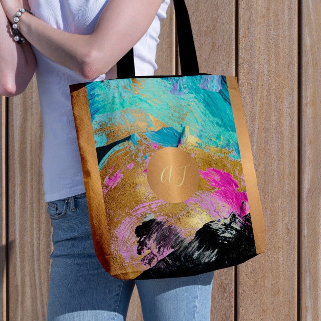 Modern art brush strokes blue gold monogrammed tote bag (Creator Uploaded)