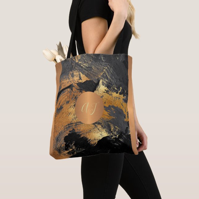 Modern art brush strokes grey gold monogrammed tote bag (Close Up)
