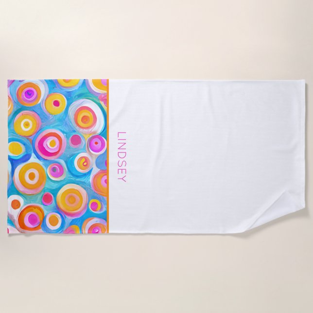 Modern Art Circles NAME Bright Colours Modern Fun Beach Towel (Front)