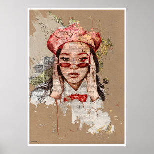 Modern art collage young asian woman costumed on  poster