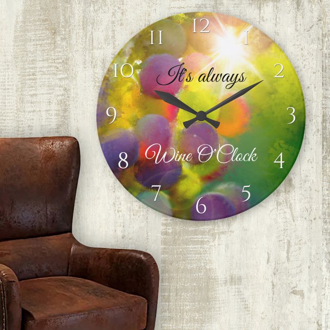 Modern Art Colourful Grapes Wine Lovers Wall Clock (Wine lover artistic wall clock featuring a painting of colorful grapes in the sun)