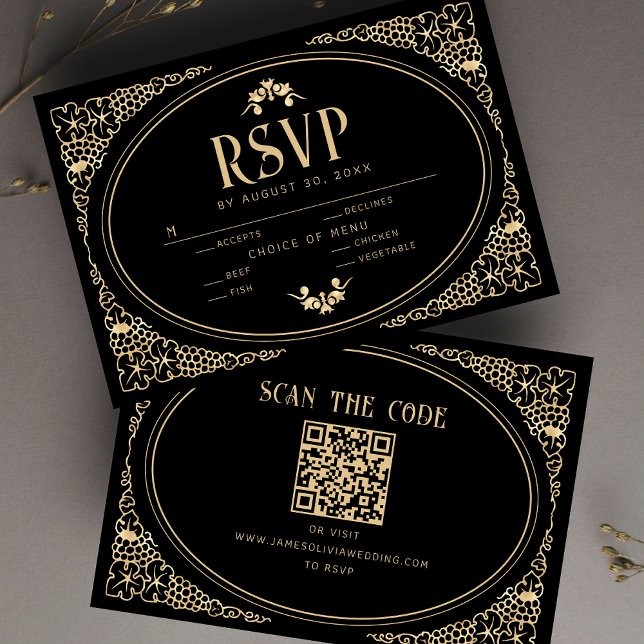 Modern Art Deco Black and Faux Gold RSVP QR Code Card (Creator Uploaded)