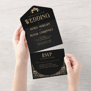 Modern Art Deco Black and Gold Faux Wedding  All In One Invitation