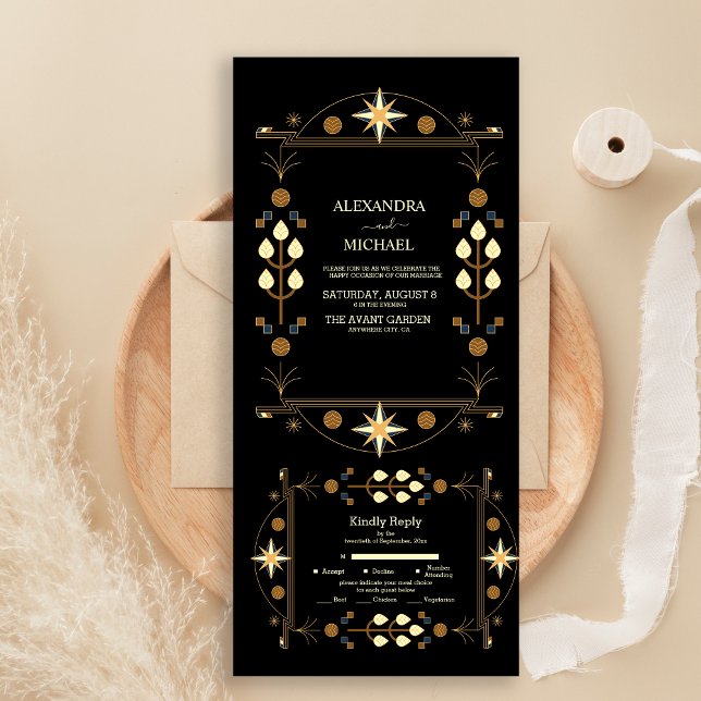 Modern Art Deco Black and Gold Wedding All In One Invitation (Creator Uploaded)