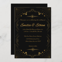 Modern Art Deco Black and Gold Wedding Invitation
