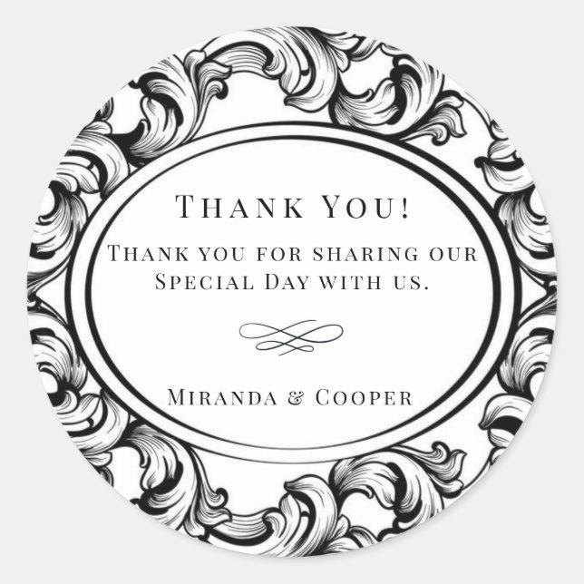 Modern Art Deco Black Foliage Wedding Thank You Classic Round Sticker (Front)