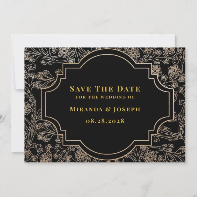 Modern Art Deco Black Gold Rose Save The Date Card (Front)