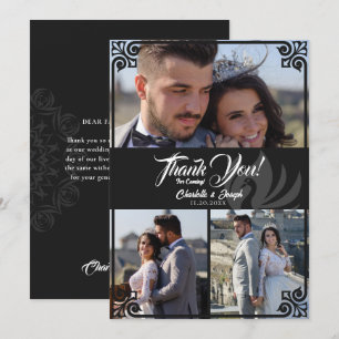 Modern Art Deco Black Swan 3 Photo Wedding Thank You Card