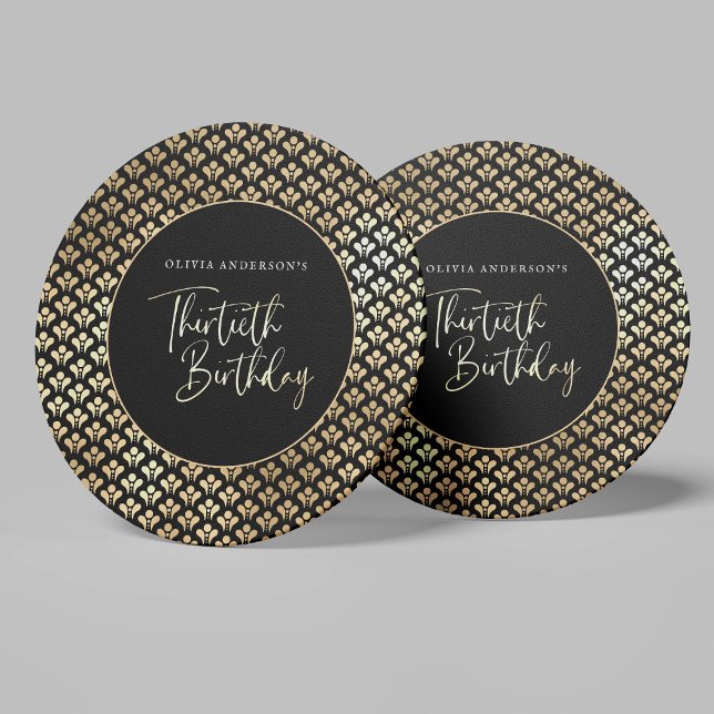 Modern Art Deco Black White & Gold Birthday Party Round Paper Coaster (Creator Uploaded)
