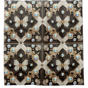 Modern Art Deco Black White Gold Butterfly Shower Curtain