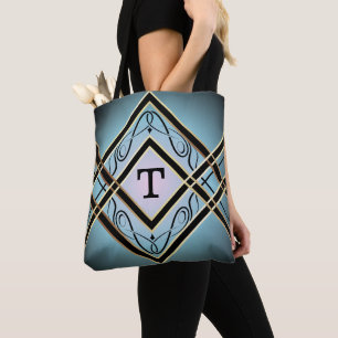Modern Art Deco Blue Elegant Monogram Tote Bag