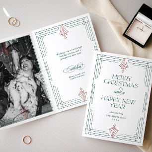 Modern Art Deco Christmas Photo White with Green Holiday Card