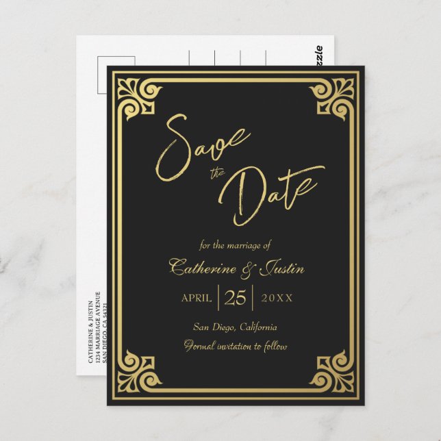 Modern Art Deco Gold Black Peacock Save The Date Postcard (Front/Back)