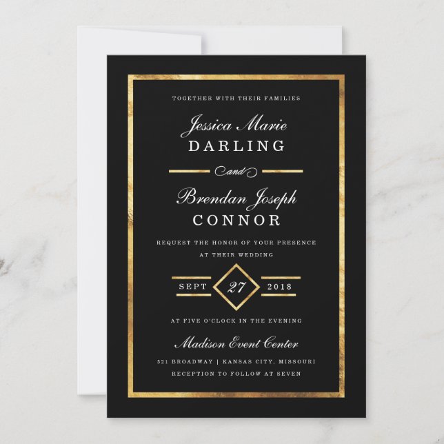 Modern Art Deco Gold & Black Wedding Invitation (Front)