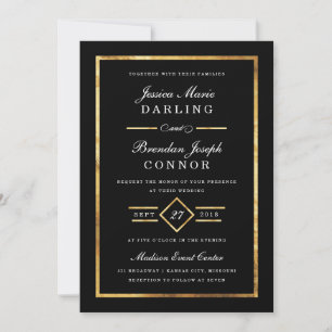 Modern Art Deco Gold & Black Wedding Invitation