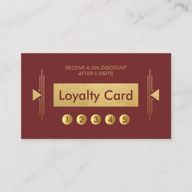 Modern Art Deco Gold Burgundy Loyalty Punch Card (Front)