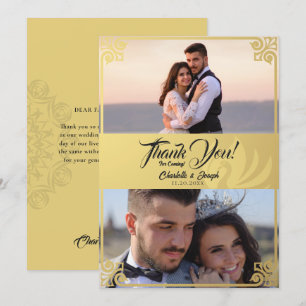 Modern Art Deco Gold Swan 2 Photo Wedding Thank You Card