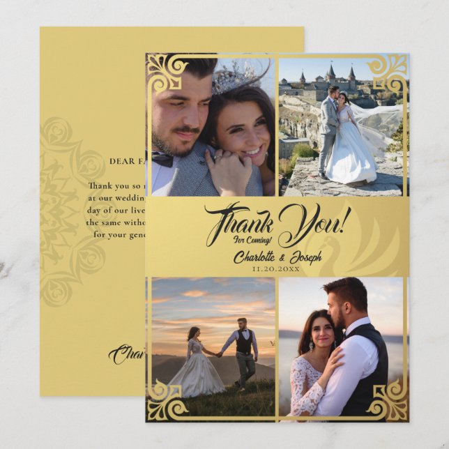 Modern Art Deco Gold Swan 4 Photo Wedding Thank You Card (Front/Back)