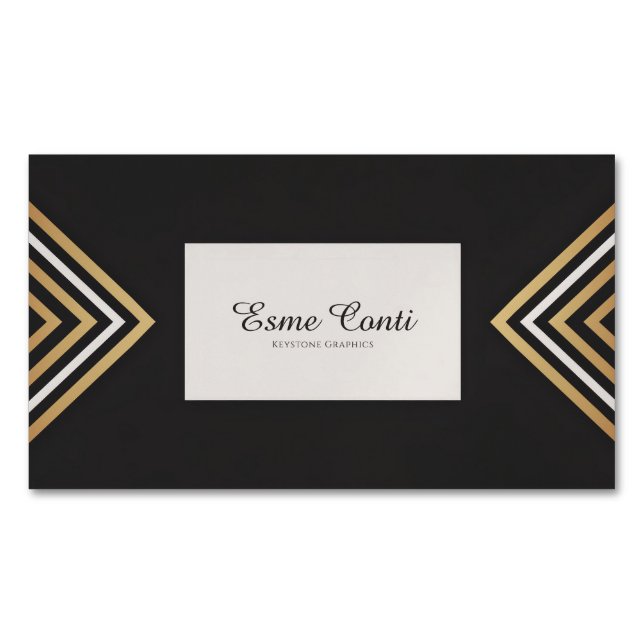 Modern Art Deco Gold White Chevron Black Magnetic Business Card (Front)