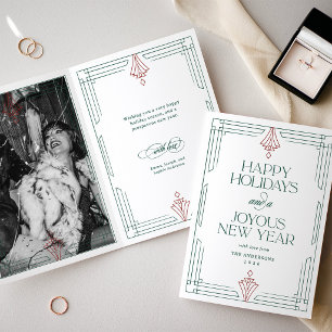 Modern Art Deco Happy Holidays White Green Photo Holiday Card