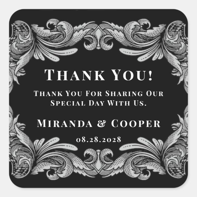 Modern Art Deco Leaf Wedding Thank You Square Sticker (Front)