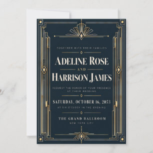 Modern Art Deco Midnight Black Tie Wedding Invitat Invitation