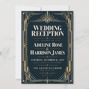 Modern Art Deco Midnight Black Tie Wedding Recepti Invitation