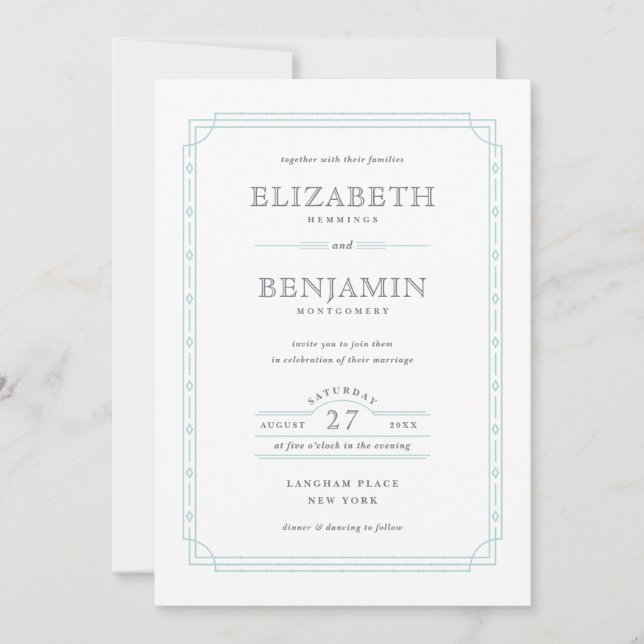 Modern Art Deco Mint Border White Wedding Invitation (Front)