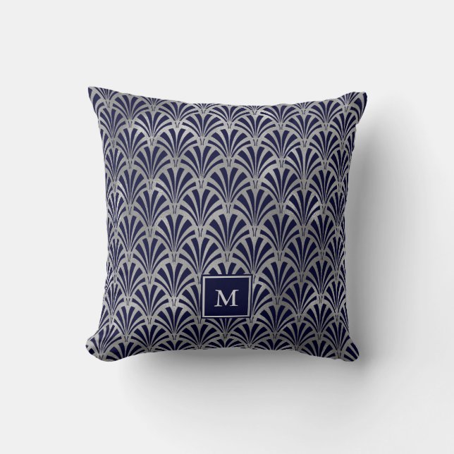 Modern Art Deco | Navy and Faux Silver Monogram Cushion (Front)