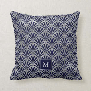 Modern Art Deco Navy and Faux Silver Monogram Cushion