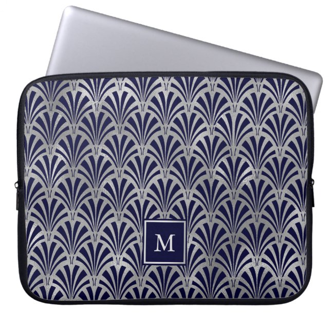 Modern Art Deco | Navy and Faux Silver Monogram Laptop Sleeve (Front)