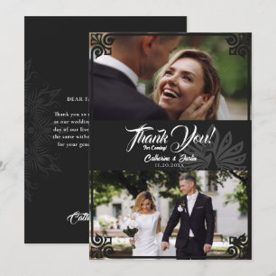 Modern Art Deco Peacock Black 2 Photo Wedding Thank You Card