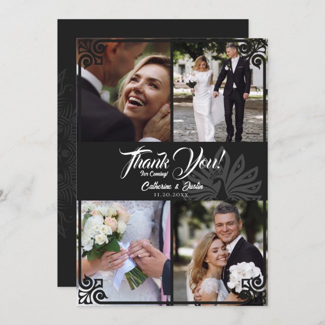 Modern Art Deco Peacock Black 4 Photo Wedding Thank You Card (Front/Back)