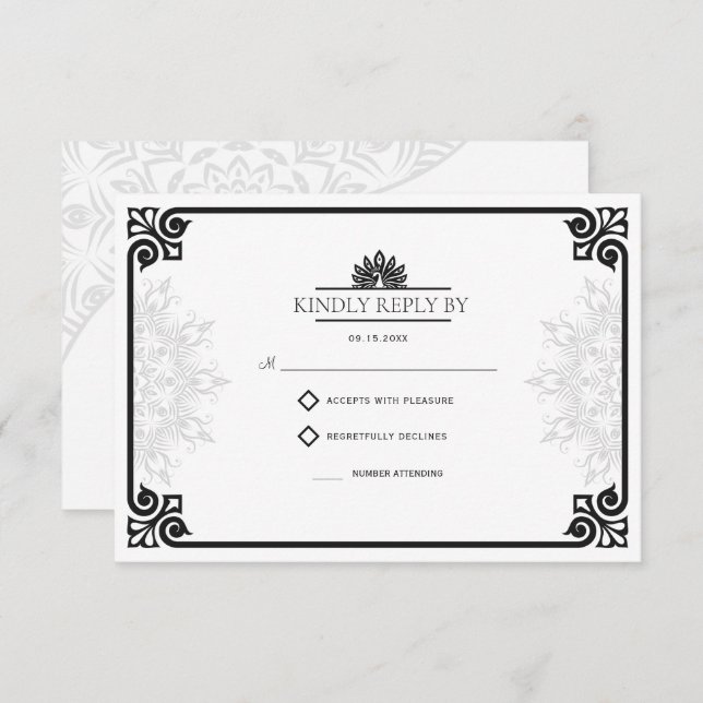Modern Art Deco Peacock Black and White Wedding RSVP Card (Front/Back)