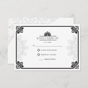 Modern Art Deco Peacock Black and White Wedding RSVP Card