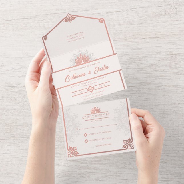 Modern Art Deco Peacock Blush Rose Pink Wedding All In One Invitation (Tearaway)