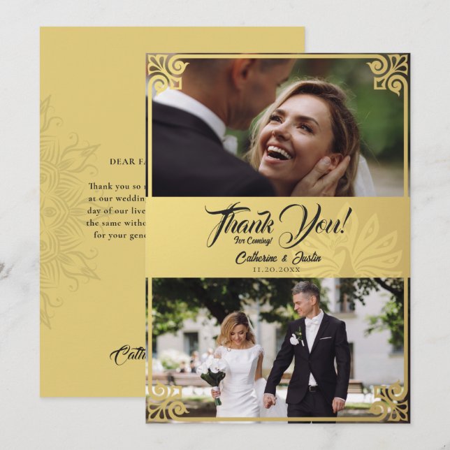 Modern Art Deco Peacock Gold 2 Photo Wedding Thank You Card (Front/Back)