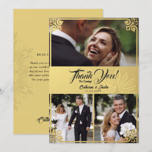 Modern Art Deco Peacock Gold 3 Photo Wedding Thank You Card