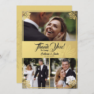 Modern Art Deco Peacock Gold 3 Photo Wedding Thank You Card