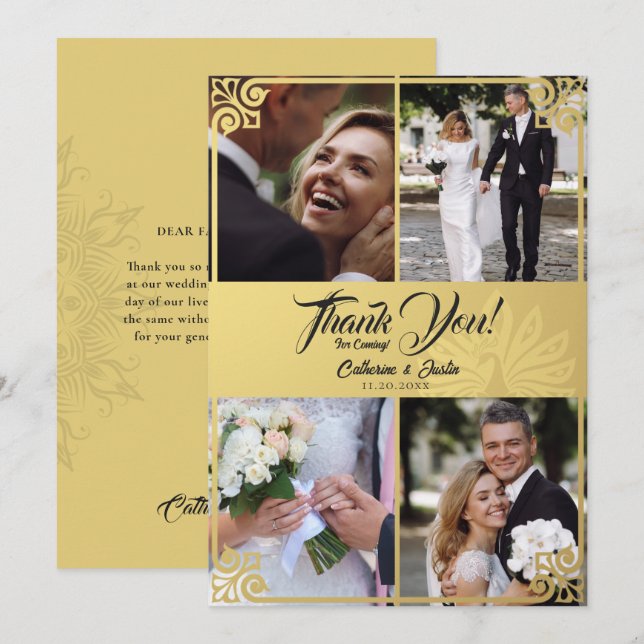 Modern Art Deco Peacock Gold 4 Photo Wedding Thank You Card (Front/Back)
