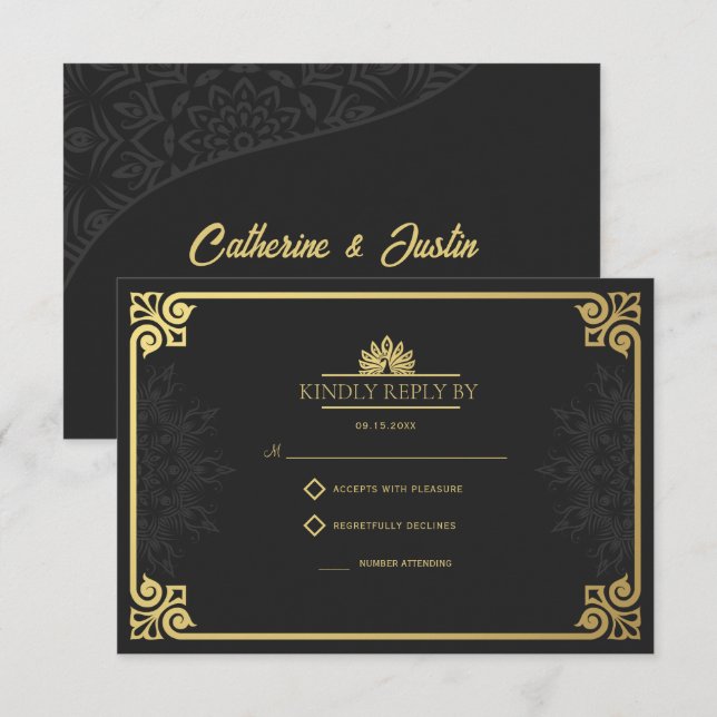 Modern Art Deco Peacock Gold and Black Wedding RSVP Card (Front/Back)