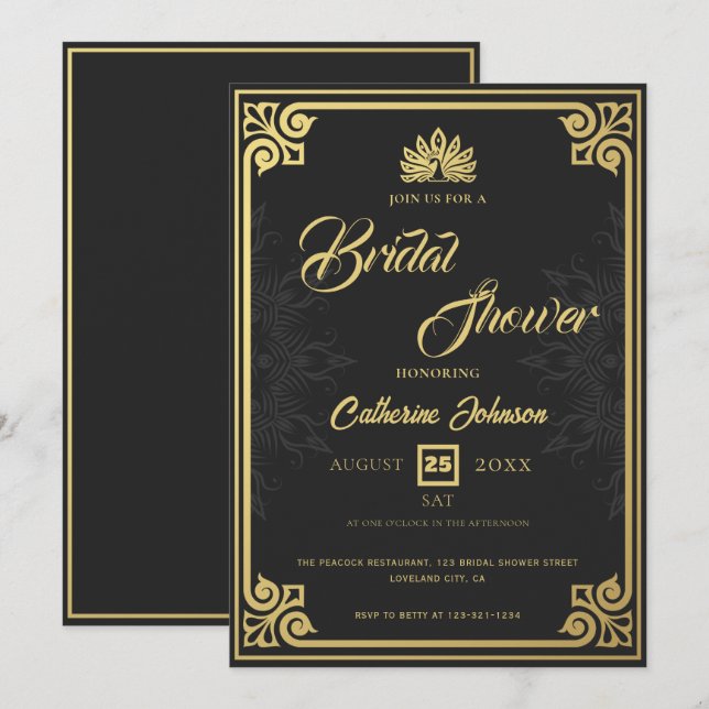 Modern Art Deco Peacock Gold Black Bridal Shower Invitation (Front/Back)