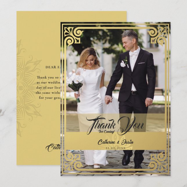 Modern Art Deco Peacock Gold & Black Photo Wedding Thank You Card (Front/Back)