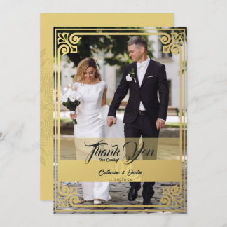 Modern Art Deco Peacock Gold & Black Photo Wedding Thank You Card