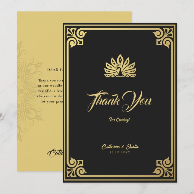 Modern Art Deco Peacock Gold & Black Wedding Thank You Card (Front/Back)