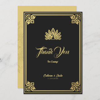 Modern Art Deco Peacock Gold & Black Wedding Thank You Card