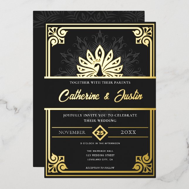 Modern Art Deco Peacock Wedding Gold (Front/Back)