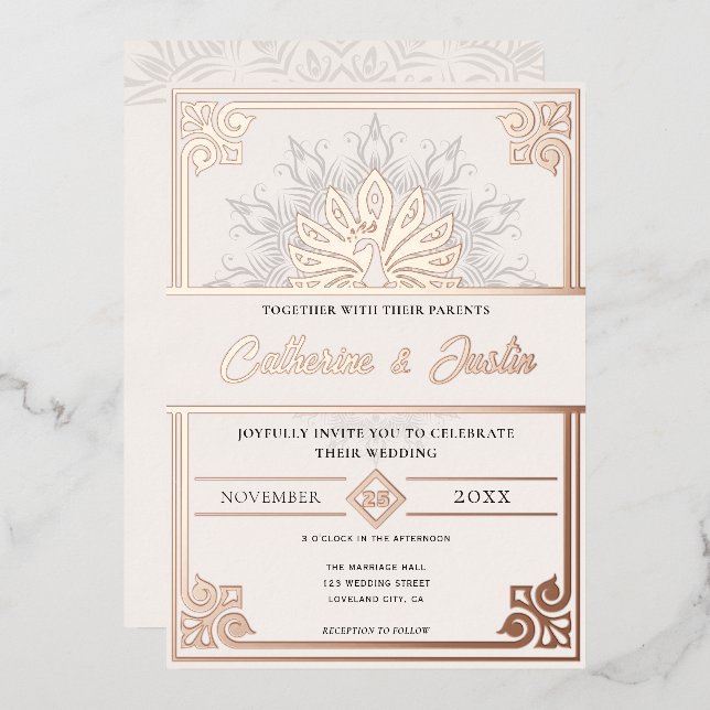 Modern Art Deco Peacock Wedding Rose Gold (Front/Back)